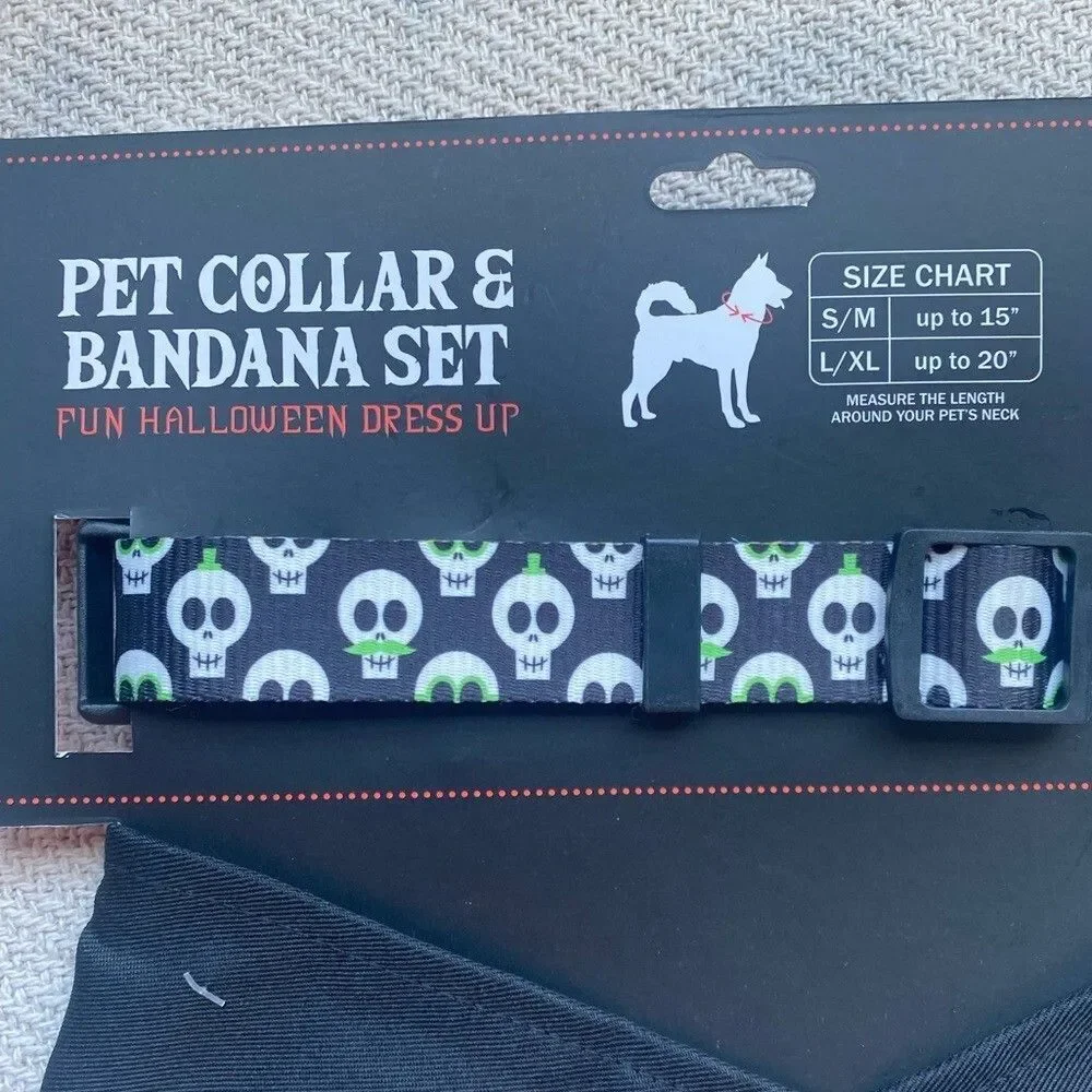 Creep it Real Dog Matching Collar Bandana Set NWT L/XL Black Skull Gift